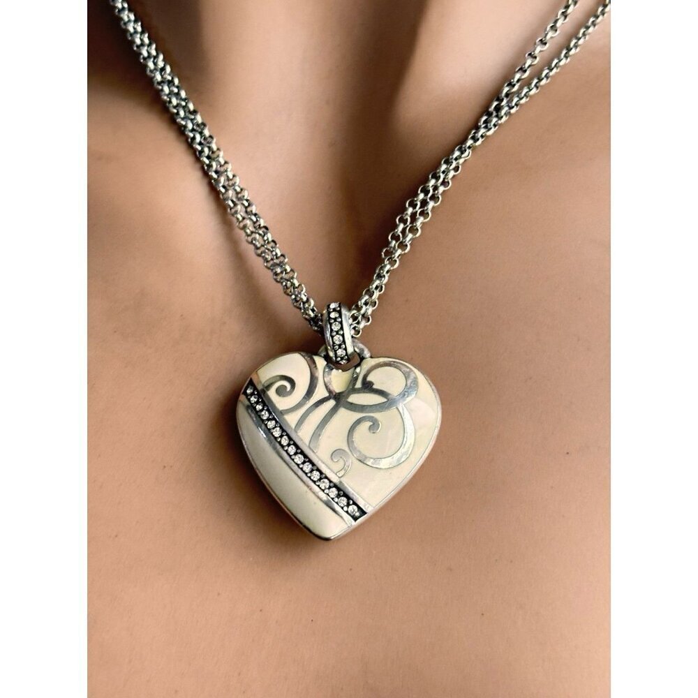 Brighton Enamel and Rhinestone Heart Necklace silver plated.  crystals
